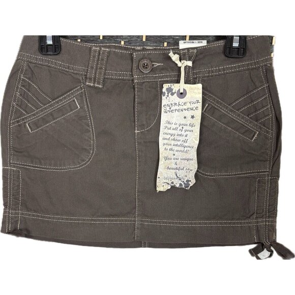 L.e.i Jrs 1 Expresso Brown Button Zip Front Pockets Tie Ruched Sides Mini Skirt - Picture 3 of 5